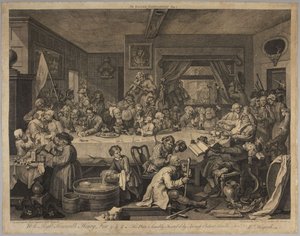 Vaalikestit, laatta 1 sarjasta Neljä vedosta vaaleista tekijältä William Hogarth