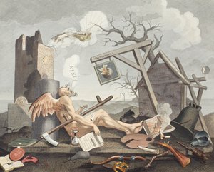 Bathos, uppoamisen tapa, yleväissä maalauksissa, joihin on kaiverrettu tummien kuvien jälleenmyyjille, kuvitus teoksesta "Hogarth Restored: The Whole Works of kuuluisan William Hogarthin", kaivertanut uudelleen Thomas tekijältä William Hogarth