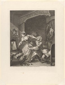 "Ennen" Mies vetää vastahakoisen naisen luokseen makuuhuoneessa ennen (otsikko objektissa) Ennen ja jälkeen (sarjan nimi) Ennen ja jälkeen (sarjan nimi) tekijältä William Hogarth