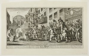 Rumpsin polttaminen Temple Barissa, levy yksitoista Hudibras-romaanista. tekijältä William Hogarth