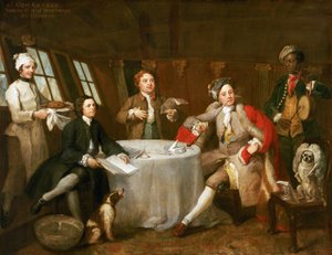 Kapteeni George Graham (1715-1747) Nottingham-aluksensa hytissä. Maalaus muistoksi hänen voitostaan Oostenden (Belgia) rannikolla kesäkuussa 1745 ranskalaisesta kauppalaivueesta, jolla oli mukanaan runsaasti saalista. tekijältä William Hogarth