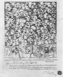 Hahmot ja karikatyyrit, julkaistu huhtikuussa 1743 tekijältä William Hogarth