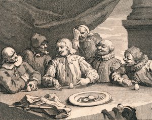 Kristoffer Kolumbus särkee munaa, 1753. tekijältä William Hogarth