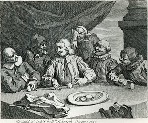Kolumbus rikkoo munan, 1753 tekijältä William Hogarth