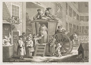 Postivaunut eli maaseudulla sijaitsevan majatalon sisäpiha tekijältä William Hogarth