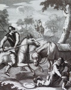 Don Quijote tarttuu parturiin Mambrinon kypärää varten tekijältä William Hogarth