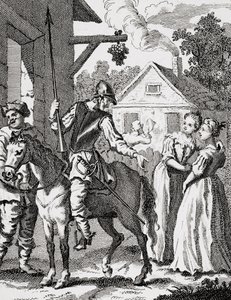 Don Quijote ja Sancho Panza majatalossa, julkaistu 1798 tekijältä William Hogarth