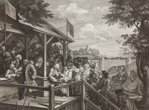 Neljä printtiä vaaleista / Yleisvaalit. Arkki 3: Äänestys / Äänestys. 1758 tekijältä William Hogarth