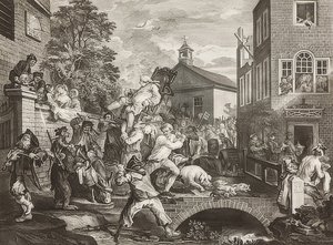 Neljä printtiä vaaleista / Yleisvaalit. Arkki 4: Jäsenten puheenjohtajuus / Kansanedustajien voittokulkue. 1758 tekijältä William Hogarth