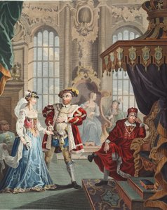 Henry VIII ja Anne Boleyn, kuvitus teoksesta "Hogarth Restored: The Whole Works of kuuluisan William Hogarthin, uudelleenkaiverrettu Thomas Cook", pub. 1812 (käsinvärinen kaiverrus) tekijältä William Hogarth