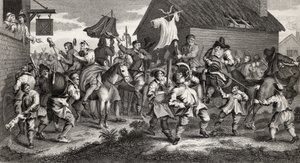Hudibras kohtaa Skimingtonin, kaivertanut T.E. Nicholson, "Hudibras", Samuel Butler (1612-80) teoksesta "The Works of Hogarth", julkaistu 1833 tekijältä William Hogarth
