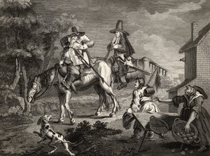 Hudibras Sallies Forth, Samuel Butlerin (1612-80) "Hudibrasista", C. Armstrongin kaivertama, William Hogarthin teoksista, julkaistu 1833 tekijältä William Hogarth