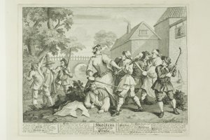 Hudibras Vanquished by Trulla, levy viisi Hudibrasin kirjasta Hudibras tekijältä William Hogarth