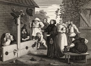 Hudibras ja Ralpho varastoissa, Samuel Butlerin (1612-80) "Hudibrasista", J. Romneyn kaiverrettu, William Hogarthin teoksista, julkaistu 1833 tekijältä William Hogarth