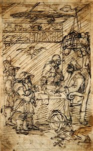Hudibras vierailee Sidrophelissa (kynä ja ruskea muste kynän päällä paperilla) tekijältä William Hogarth