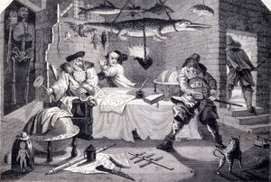 Hudribas hyökkää astrologi Sidrophelin ja hänen palvelijansa Whacumin kimppuun. William Hogarthin (1697-1764) kaiverrus Samuel Butlerin (1600-luku) runoon "Hubridas". Noin 1725 tekijältä William Hogarth