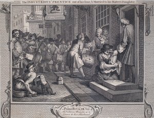 Teollisuus ja joutilaisuus: Prentice Married (viivakaiverrus paperille). tekijältä William Hogarth