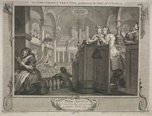 Teollisuus ja joutilaisuus: Ahkera prentice suorittamassa kristityn velvollisuutta, 1747. tekijältä William Hogarth