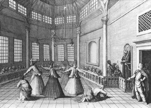 Turkkilaisen moskeijan sisällä, kuvitus Aubry de la Mottrayen teoksesta "Matkat läpi Euroopan, Aasian ja osaan Afrikkaa", julkaistu 1723 tekijältä William Hogarth