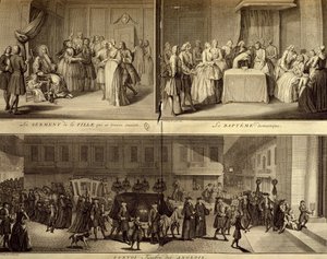Nuoren raskaana olevan naisen tuomio, kaste ja hautajaiset tekijältä William Hogarth