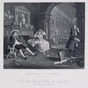 Marriage à la Mode: Aamiaiskohtaus tekijältä William Hogarth