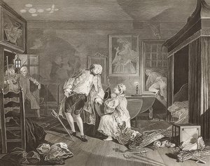 Marriage à la Mode / Avioliitto muodin mukaan. Arkki 5: Bagnio / Kreivi kaatuu kaksintaistelussa. 1745 tekijältä William Hogarth