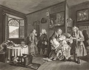Marriage à la Mode / Avioliitto muodin mukaan. Arkki 6: Naisen kuolema / Der Selbstmord der Gräfin. 1745 tekijältä William Hogarth