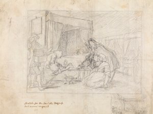 Operaatiokohtaus sairaalassa ja sivuluonnokset marginaalissa oikeassa alakulmassa tekijältä William Hogarth