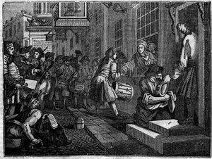 Lauta brittiläisen kuvittajan William Hogarthin (1697-1764) 12 kaiverruksen sarjasta, otsikoilla "Teollisuus ja joutilaisuus", "Zele ja laiskuus", jotka kertovat kahden oppipoikan urasta: Goodchildin häät kutojamestarinsa tyttären kanssa. tekijältä William Hogarth