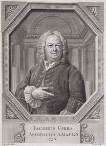 Muotokuva James Gibbsistä (1682-1754) kirjasta "Plans, Sections and Elevations of the Radcliffe Library", kaiverrus Bernard Baron (1696-n.1766) 1750 tekijältä William Hogarth
