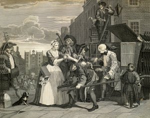 Katukohtauksia Lontoossa, William Hogarth (1697-1764), kaiverrus, Englanti tekijältä William Hogarth