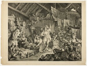 Kiertelevät näyttelijät pukeutumassa navettaan tekijältä William Hogarth