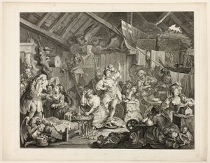 Kiertelevät näyttelijät pukeutumassa navettaan tekijältä William Hogarth