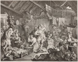 Kiertelevät näyttelijät pukeutumassa navettaan. 1738 tekijältä William Hogarth