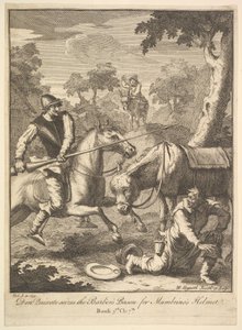 Mambrinosin seikkailu Kypärä Kuusi kuvitusta Don Quijotelle, 1756 tai sen jälkeen. tekijältä William Hogarth