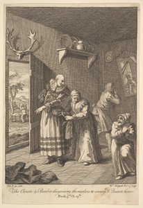 Kuraattori ja parturi naamioituvat välittääkseen Don Quijote Home Six I..., 1756 tai sen jälkeen. tekijältä William Hogarth