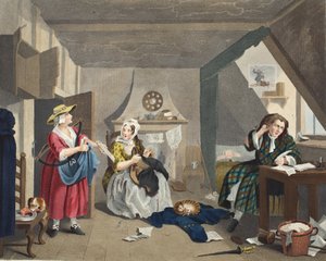 Ahdistunut runoilija, kuvitus teoksesta "Hogarth Restored: The Whole Works of kuuluisan William Hogarthin, uudelleenkaiverrettu Thomas Cook", pub. 1812 (käsinvärinen kaiverrus) tekijältä William Hogarth