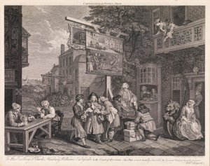 Vaalit, taulu 2: "Äänten kalastelu" tekijältä William Hogarth
