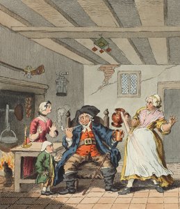 Maanviljelijän paluu, kuvitus teoksesta "Hogarth Restored: The Whole Works of the Familled William Hogarth, re-engraved by Thomas Cook", pub. 1812 (käsin väritetty kaiverrus). tekijältä William Hogarth