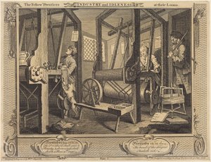 Oppipojat kangaspuidensa ääressä tekijältä William Hogarth