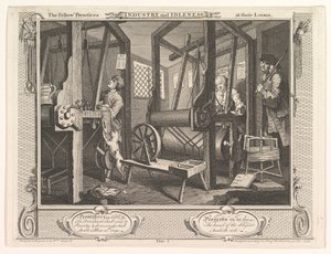 The Fellow Prentices at their Loooms Industry and Idleness, levy 1, 30. syyskuuta 1747. tekijältä William Hogarth