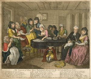 Drury Lanen sisarkunta osallistui Mary Hackabout-paran hautajaisiin. tekijältä William Hogarth