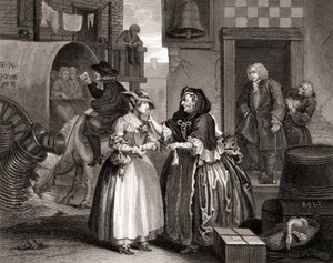 The Harlots Progress orjuuttamana prostituoidun toimesta, teoksesta The Works of Hogarth julkaistu Lontoossa 1833 (kaksoispiirros). tekijältä William Hogarth