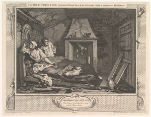 Idle Prentice palasi mereltä ja katossa tavallisen prostituoidun kanssa..., 30. joulukuuta 1747. tekijältä William Hogarth