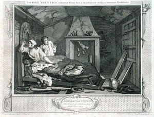 The Idle "Prentice Returned from Sea, and in a Garret with a Prostitute", levy VII teoksesta "Teollisuus ja joutilaisuus", julkaistu 1833 (kaiverrus) tekijältä William Hogarth