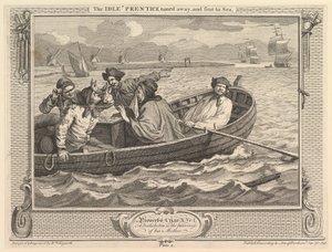 Idle Prentice kääntyi pois ja lähetettiin merelle: Teollisuus ja tyhjäkäynti, levy 5, 30. syyskuuta 1747. tekijältä William Hogarth