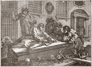 Idle Prerentice leikkimässä kirkon pihalla jumalanpalveluksen aikana - lautanen brittiläisen kuvittajan William Hogarthin (1697-1764) 12 kaiverruksen sarjasta "Teollisuus ja joutilaisuus", "Zele ja laiskuus"", kertomalla kahden a tekijältä William Hogarth