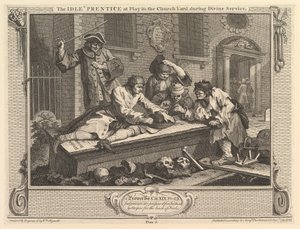 The Idle Prentice at Play in the Churchyard: Industry and Idleness, levy 3, 30. syyskuuta 1747. tekijältä William Hogarth