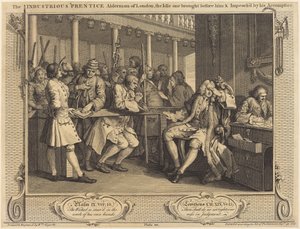 Ahkera Lontoon Prentice Alderman, joutilainen, jonka hänen rikoskumppaninsa nosti hänen eteensä tekijältä William Hogarth