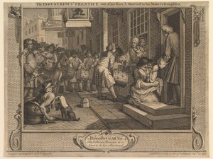 Ahkera oppipoika oppiaikansa päätyttyä ja naimisissa mestarinsa tyttären kanssa: Ahkeruus ja laiskuus, taulu 6 tekijältä William Hogarth
